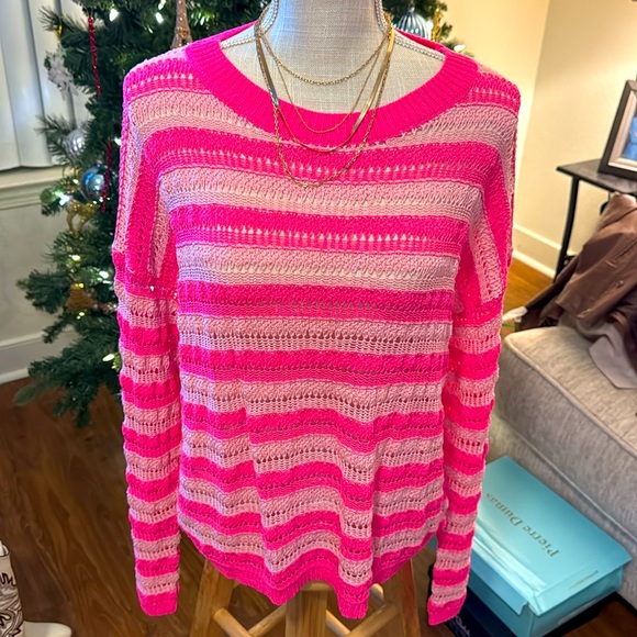 ☃️BOGO50%☃️ 🆕🩷FIRST LOVE: Striped Pink Crochet Sweater MEDIUM - Picture 2 of 5